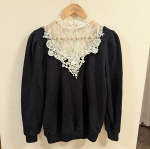 Vintage NILANI Black Lace Yoke Sweater M ILGWU Gothic Victorian